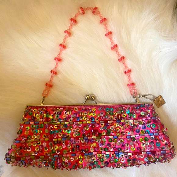 Cocoon House Handbags - Cocoon House Multicolor Beaded Pink Evening Bag Clutch Handbag